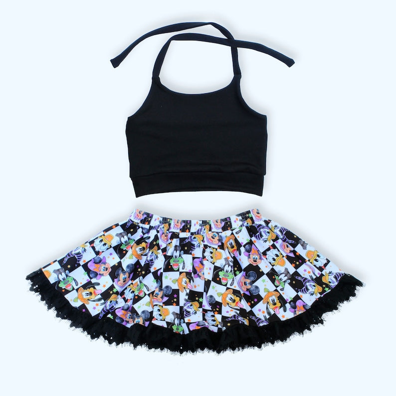 Halloween Set Skirt and Halter Top , Baby Girl Skirt, Print Halter Top ,Disney Skirt, Baby Outfit ,Cropped Halter Tops, Baby Skirts,